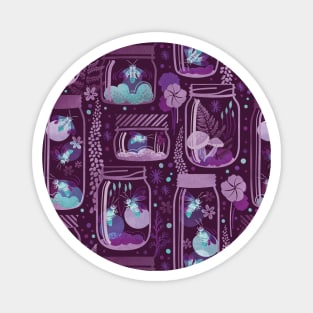 Glowing in the moss // pattern // purple background jars with lightning fireflies bugs quirky whimsical and bioluminescence lampyridae beetles Magnet